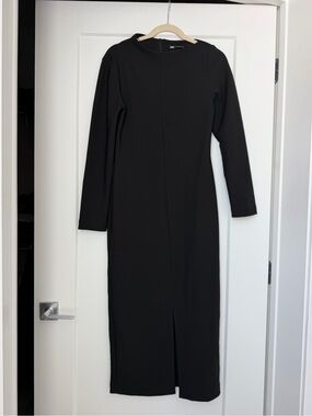 Zara Black Long-Sleeve Midi Dress with Back Slit